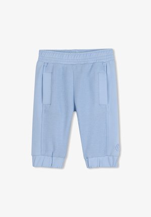 Shorts bleu clair en tricot gaufré texturé, dotés d'une taille élastique et de deux poches latérales. Les bords sont froncés pour un ajustement près du corps.