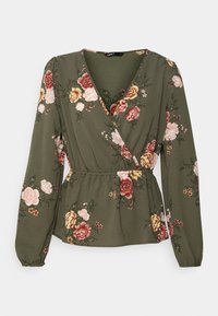 Khaki zielona bluzka w kwiaty z długimi rękawami, zdobiona różowymi, żółtymi i czerwonymi różami. Zgromadzony pas z elastycznymi wstawkami dla dopasowanego wyglądu.