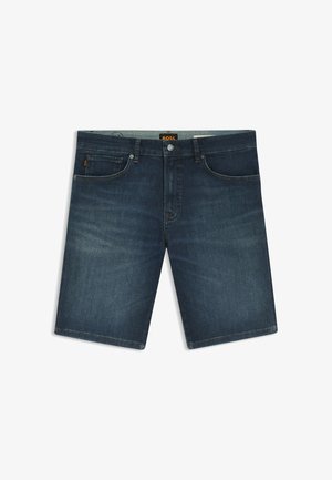 Short en jean bleu foncé avec bouton et fermeture éclair à l'avant, passants de ceinture et design à cinq poches, posé à plat sur fond blanc.
