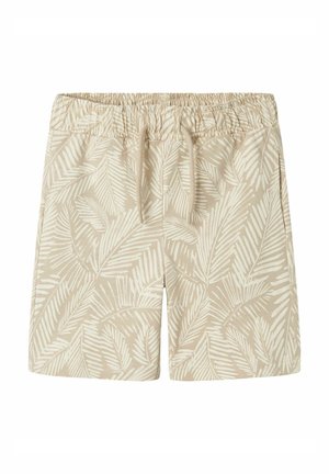 Beige shorts med hvidt tropisk blad mønster, elastisk linning og snøre foran, vist fladt på hvid baggrund.