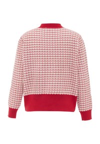 Rot-weißer, gestrickter Pullover mit einem karrierten Muster, geripptem Ausschnitt und Bündchen, cropped Schnitt und strukturiertem Stoff.
