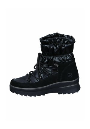 Bottines noires isolées à la cheville avec un dessus brillamment rembourré, des lacets réglables et une semelle en caoutchouc texturée pour une traction et un soutien.