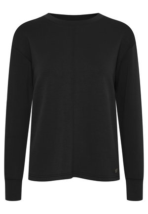 Black long-sleeve top made of soft fabric, featuring a round neckline, dropped shoulders, and subtle seam detailing. Small logo accent.