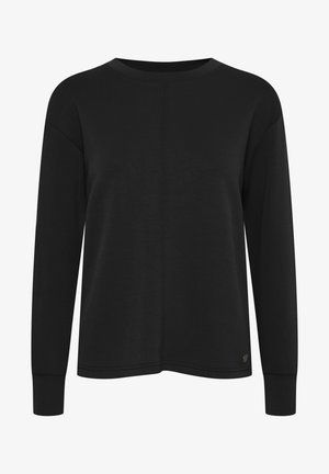 Zwarte langomilige top van zachte stof, met een ronde halslijn, verlaagde schouders en subtiele stiksel-details. Kleine logo-accent.