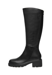 Bota negra hasta la rodilla hecha de cuero suave, con suela gruesa, diseño elegante y detalle de cremallera lateral para mayor funcionalidad.