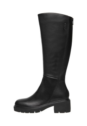 Stivale nero fino al ginocchio realizzato in pelle liscia, caratterizzato da una suola spessa, un design elegante e una zip laterale per una funzionalità aggiuntiva.