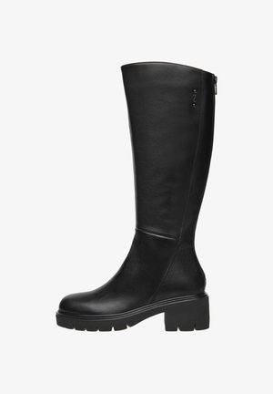 Stivale nero fino al ginocchio realizzato in pelle liscia, caratterizzato da una suola spessa, un design elegante e una zip laterale per una funzionalità aggiuntiva.