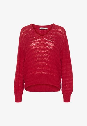 Rode gebreide trui met een V-hals en een losse pasvorm. Bevat een textuurpatroon met open weving en ribbels aan de onderkant en bij de mouwen.