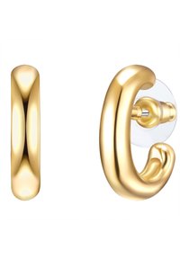 Guldörhängen med en slät, polerad yta. Den ena har en rund, cylindrisk form, medan den andra har en stiliserad, spiralliknande design.