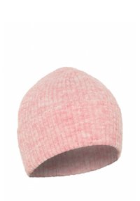 Beanie lavorato a maglia rosa morbido con texture a coste e vestibilità aderente, caratterizzato da una corona arrotondata e orlo ripiegato.