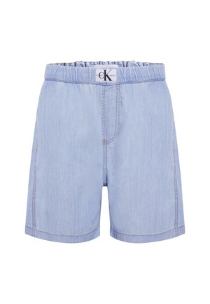Shorts de culoare bleu deschis, dintr-un amestec de bumbac, cu un tiv elastic, textură subtilă și o cusătură centrală pe față.