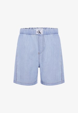 Shorts de culoare bleu deschis, dintr-un amestec de bumbac, cu un tiv elastic, textură subtilă și o cusătură centrală pe față.