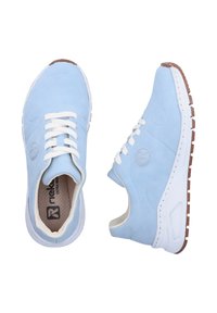 Light blue suede sneakers with white laces, a round toe, textured rubber sole, and logo detail on the side.