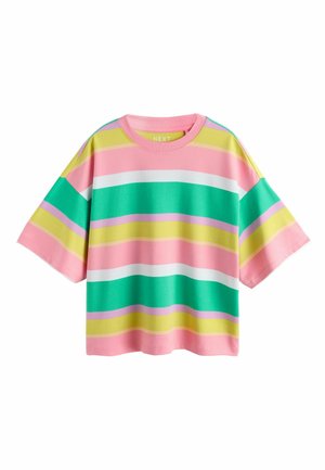 Kortærmet skjorte med løs pasform og horisontale brede striber i pink, grøn, gul, hvid og lilla på hvid baggrund.
