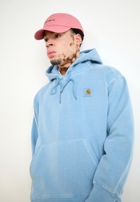 Light blue hoodie with a front pocket, drawstring hood, and a small Carhartt logo. Paired with a pink cap featuring black text.