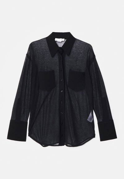 Black sheer button-up shirt with long sleeves, two front pockets, and a contrasting solid black collar and cuffs. Textured fabric.