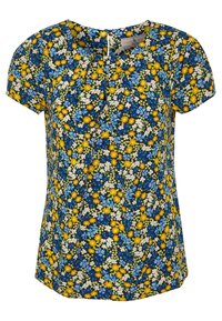 Blusa floreale a maniche corte con sfondo blu navy e fiori gialli, bianchi e blu. Tessuto leggero con una texture morbida.