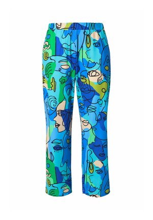 Blauwe en groene gestreepte broek met abstracte gezichten, elastische tailleband, cropped lengte, gemaakt van een gladde, lichtgewicht stof.