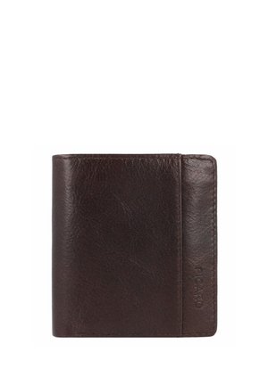 Braunlederne Brieftasche mit strukturiertem Finish, im Bi-Fold-Design, mit akzentuierten Nähten und einem kleinen geprägten Logo auf der Vorderseite.