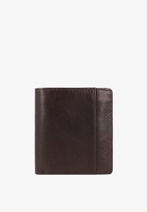 Brown leather wallet with a textured finish, bi-fold design, accented stitching, and a small embossed logo on the front.