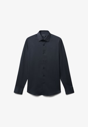Black long-sleeve button-up shirt made of smooth fabric, featuring a pointed collar, six buttons down the front, and rounded hem.