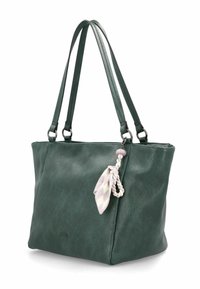 Borsa tote in pelle verde con doppie spalline e un charm decorativo intrecciato bianco e rosa con dettagli in tessuto.