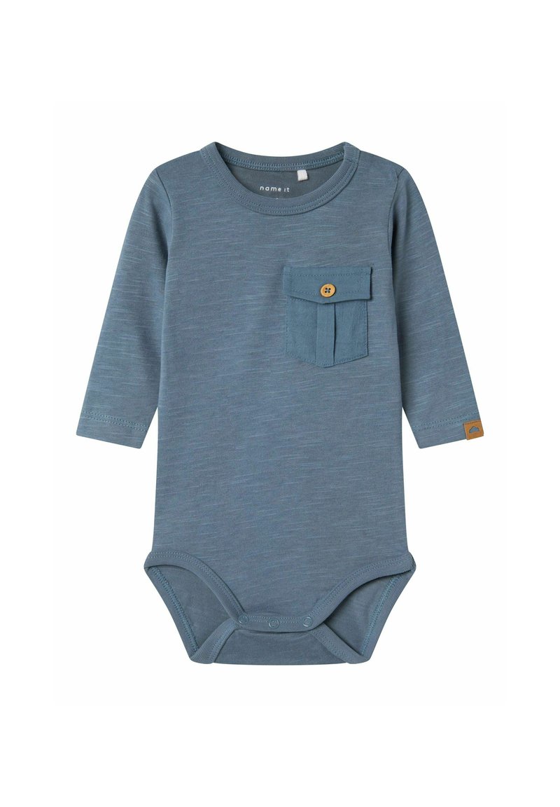 Long-sleeve baby bodysuit in blue, made of soft fabric. Features a chest pocket with a button and snap closures at the bottom.