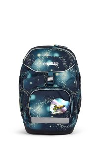 Navy ergonomischer Rucksack mit einem weltraumthemen Design, das leuchtende Sterne und ein 3D-Raketen-Patch enthält; ausgestattet mit Reißverschlüssen und reflektierenden Akzenten.