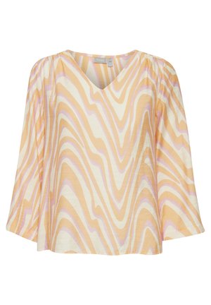 Lichte blouse in crème, met golvende patronen in pastel oranje en roze. V-hals ontwerp met zachte, vloeiende mouwen.