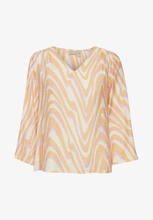 Lichte blouse in crème, met golvende patronen in pastel oranje en roze. V-hals ontwerp met zachte, vloeiende mouwen.