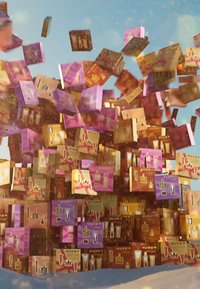 En kaotisk uppställning av färgglada lådor i nyanser av rosa, guld och lila, med produktillustrationer och varumärkesdetaljer.