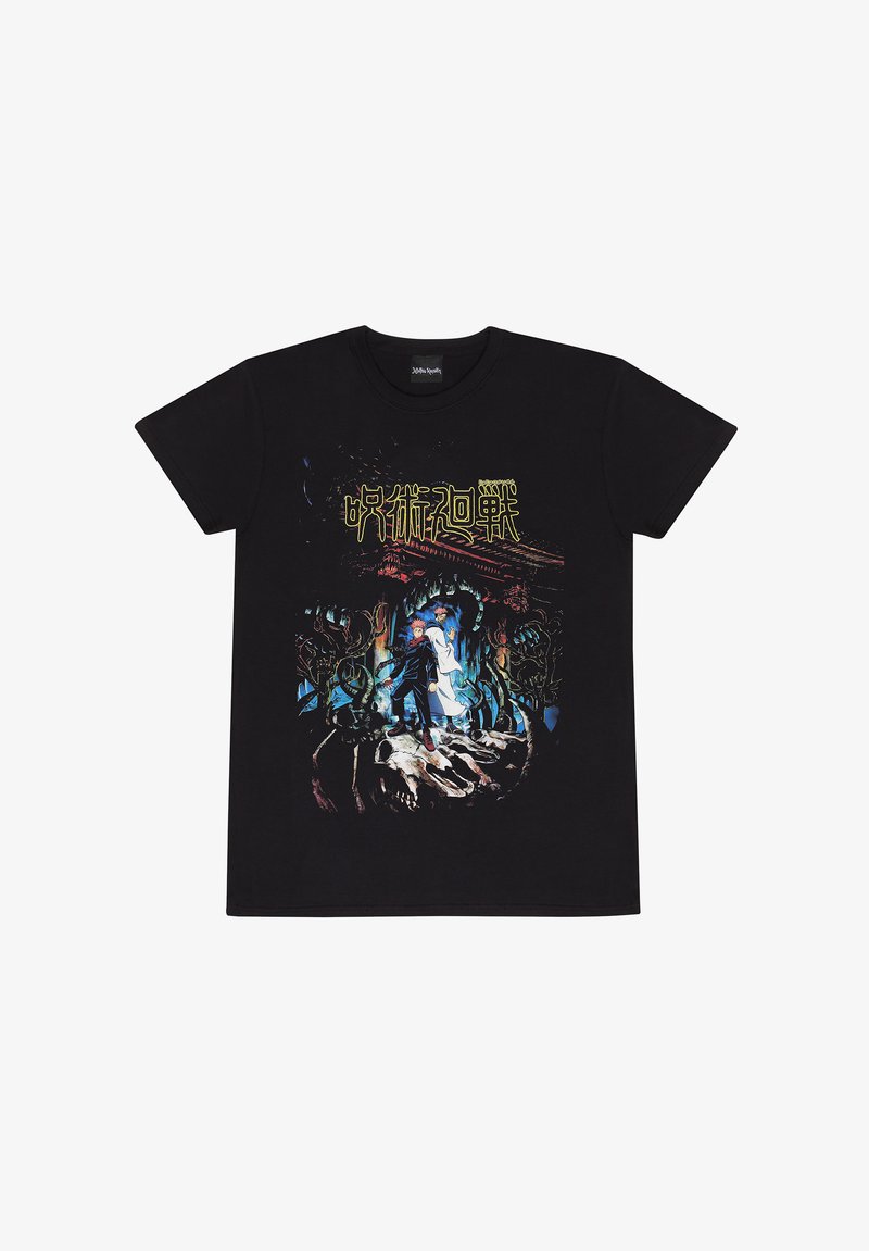 Camiseta negra de algodón con una colorida impresión gráfica que presenta dos figuras y varios detalles, incluyendo una calavera y patrones intrincados.