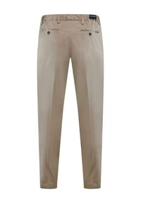 Pantaloni leggeri beige con una texture liscia, vestibilità dritta e due tasche frontali con chiusura a bottone. Design semplice senza decorazioni.