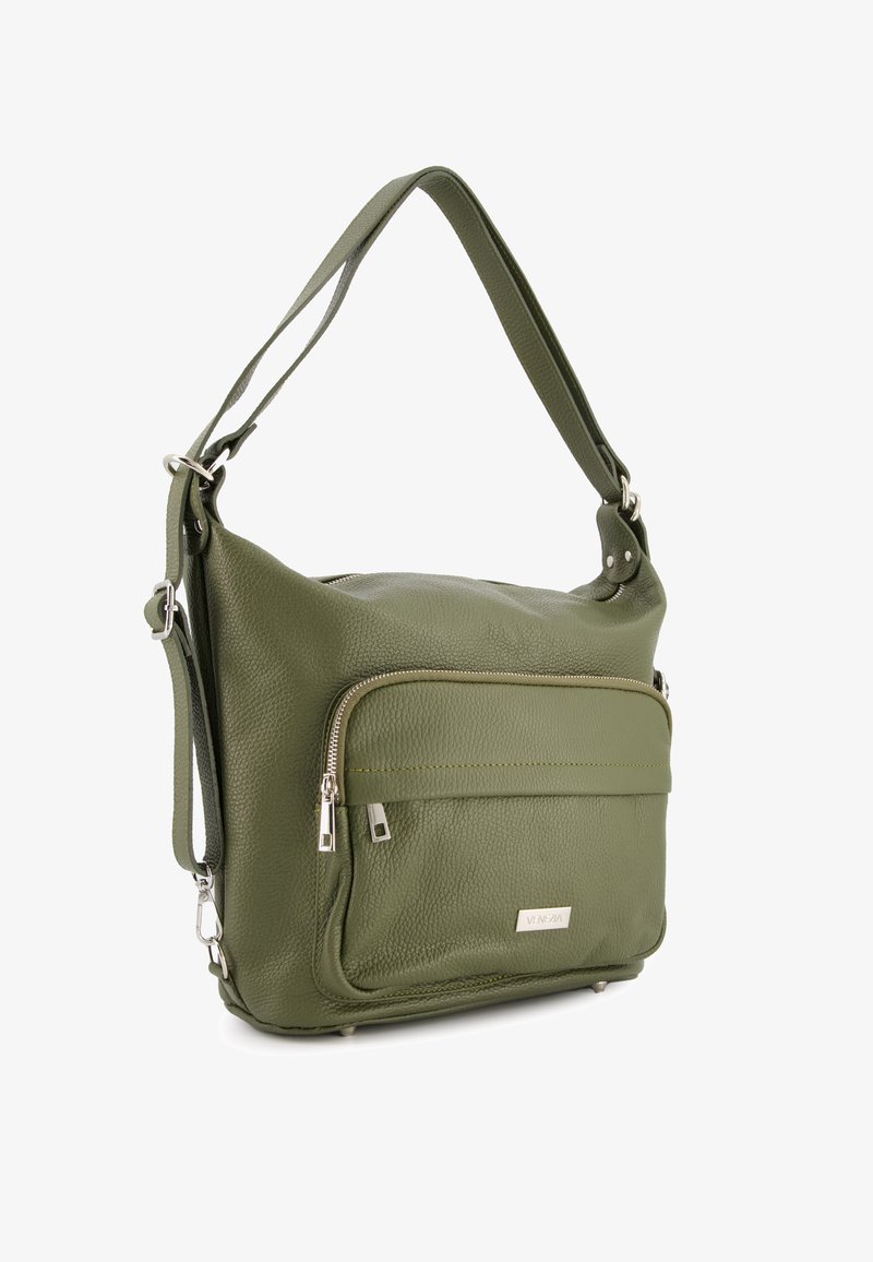 Green textured leather shoulder bag with a front zip pocket, adjustable strap, and silver-tone hardware accents.
