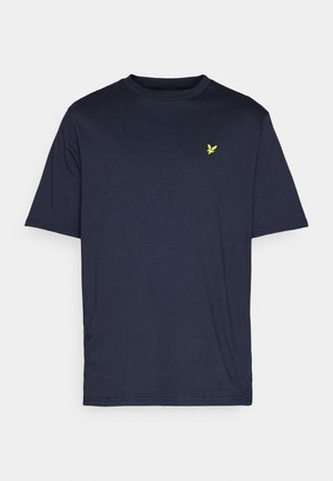 Marinblå bomullströja med klassisk rundhals och korta ärmar. Har en liten gul logotyp på bröstet. Enkel, odekorerad design.