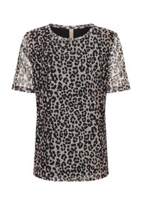 Top trasparente a maniche corte con stampa leopardata nera su sfondo beige, scollatura rotonda e vestibilità morbida.