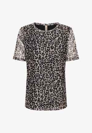 Transparante top met korte mouwen, voorzien van een luipaardprint in het zwart op een beige achtergrond, ronde halslijn en een ontspannen pasvorm.