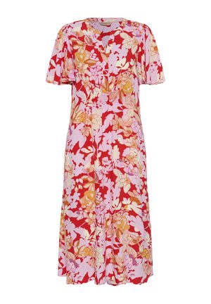 Cvečno obleko s kratkimi rokavi, ki ima rdečo, roza in rumeno barvno paleto, V-izrez in tekoč dizajn materiala.