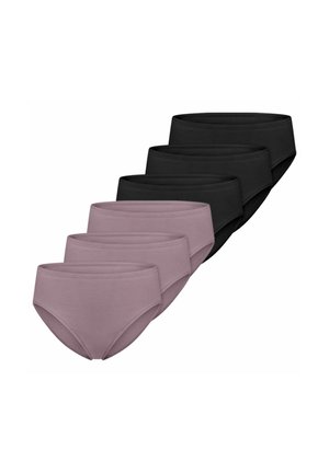 Sechs Damen-Slips in einfarbigen Farben, drei in Mauve und drei in Schwarz, in versetzter Reihe auf weißem Hintergrund angeordnet.