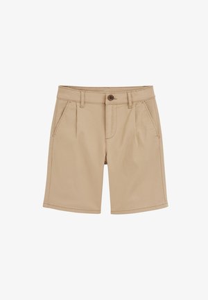 Bēša krāsas šorti no mīksta auduma, ar divām priekšējām kabatām, vienu pogu aizdarei un bārkstīm papildus detaļām.