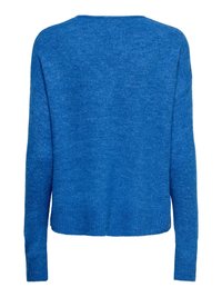 Pull tricoté bleu à manches longues avec poignets et ourlet côtelés, vu de dos.