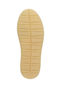 Semelle de chaussure en caoutchouc, beige avec une surface texturée, présentant un motif de bande de roulement horizontal et vertical pour une meilleure adhérence, marquée de la taille 37.