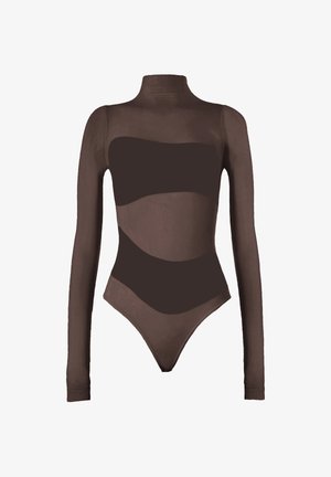 Body a maniche lunghe in tessuto marrone trasparente con pannelli astratti sovrapposti in marrone scuro. Presenta un collo alto e una silhouette aderente.