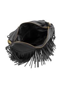 Borsa a mano in pelle nera con dettagli a frange, cerniera dorata e ampio interno nero. Dispone di un comparto con cerniera per l'organizzazione.