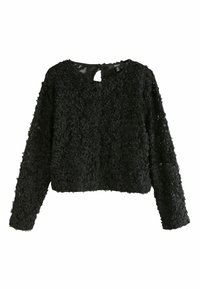 Zwarte langslavige top gemaakt van gestructureerde stof, met een bloemenpatroon. Ronde halslijn met een sleutelgatopening aan de achterkant.