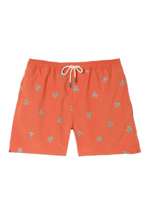 Orangefarbene Badeshorts mit kleinen blauen und grünen Schildkrötenmustern, elastischem Bund und weißem Kordelzug, der in einer Schleife in der Mitte gebunden ist.