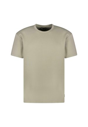 Beige katoenen t-shirt met een ronde hals en korte mouwen, met een soepele textuur en een minimalistisch ontwerp zonder patronen of versieringen.