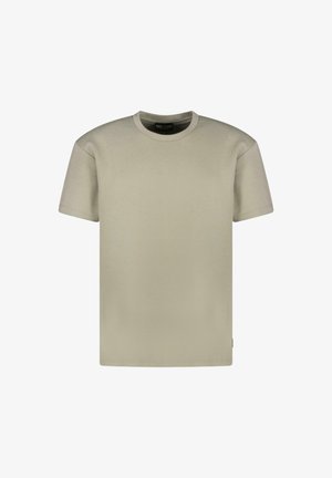 Beige katoenen t-shirt met een ronde hals en korte mouwen, met een soepele textuur en een minimalistisch ontwerp zonder patronen of versieringen.