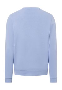 Jasnoniebieska bluza, okrągły dekolt, długie rękawy, ściągacze przy mankietach i u dołu, miękka tekstura, minimalny design bez widocznych wzorów czy akcentów.