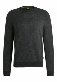 Maglione grigio scuro realizzato in tessuto a lavorazione testurizzata con collo a giro. Presenta un delicato motivo a rombi e polsini e orlo a coste.